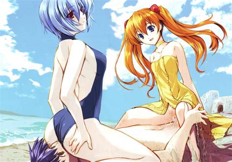 rule 34 2girls artist request ass asuka langley sohryu backless bare shoulders beach casual