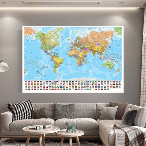 Non Woven The World Political Map With National Flags Unframed Map Of