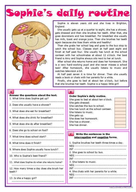 Sophies Daily Routine Reading For D English Esl Worksheets Pdf And Doc