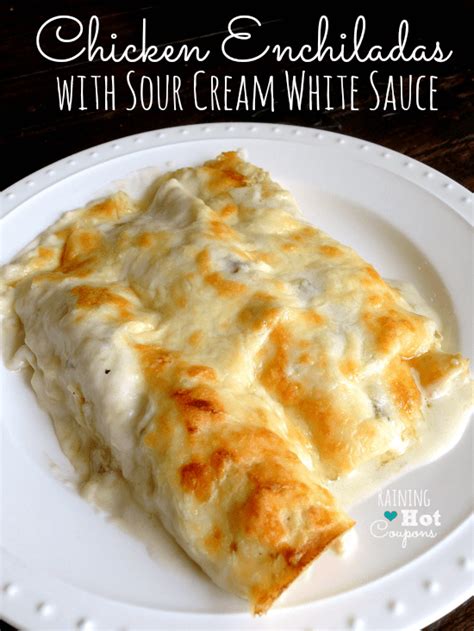 They're cheesy, sour creamy enchiladas straight from an old church cookbook of my mama's. Chicken Enchiladas with Sour Cream White sauce