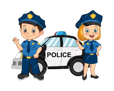 Premium Vector Cartoon Police Kids Standing Near The Police Car