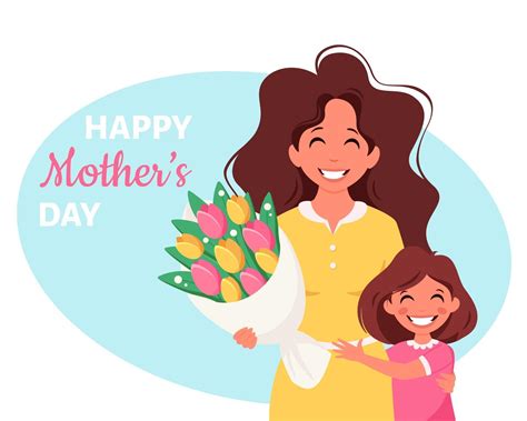 Mothers Day Greeting Card Woman With Bouquet Of Flowers And Daughter Vector Illustration