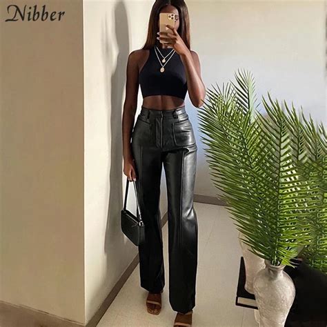 Nibber Luxurious Faux Pu Leather Y2k Pants Women S Leisure Straight Pants 2021 Street Clubwear