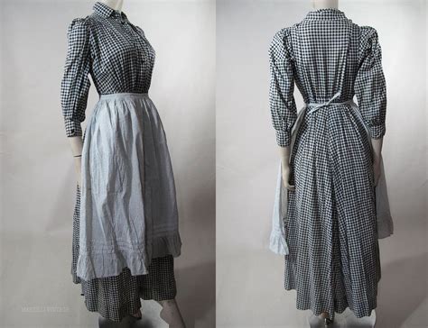 1890s Black And White Gingham Day Dress With Calico Apron Fashion