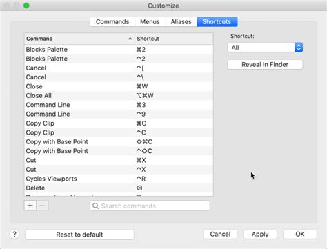 Shortcuts Tab Customize Dialog Box