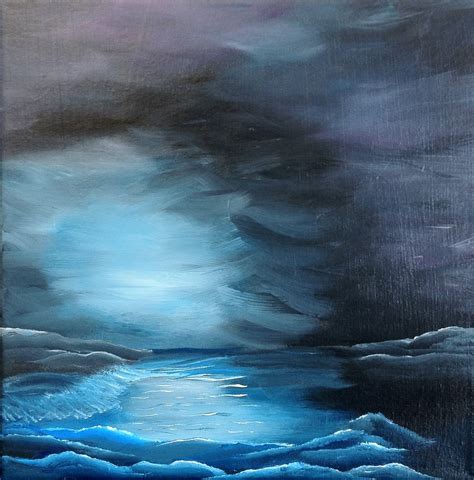 Original Painting Stormy Seas At Night Blue Black Moonlight