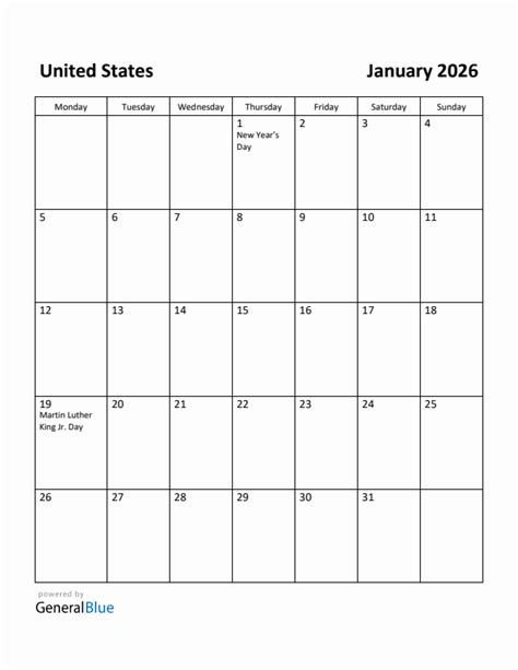 Free Printable January 2026 Calendar For United States