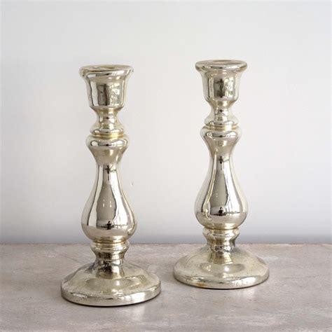 Pair Of Rare Tall Antique Mercury Glass Candlesticks In Decorative