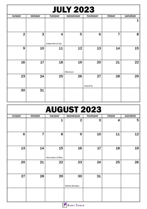 Printable July August 2023 Calendar Template Thakur Writes