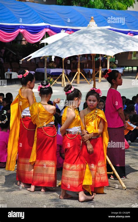 Young Girls In Traditional Costume At Cultural Event Chiang Mai Chiang Mai Province Thailand