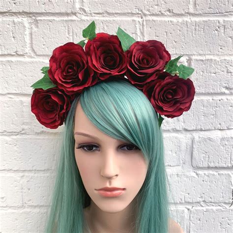 Red Rose Flower Crown Dark Red Rose Headband Pagan Wedding Etsy