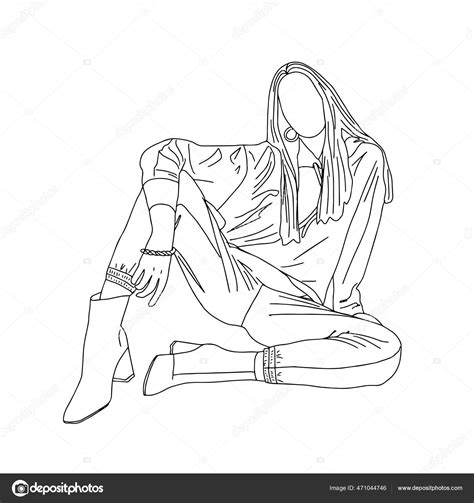 beautiful sexy girl sitting on the floor linear style vector illustration stock vector image