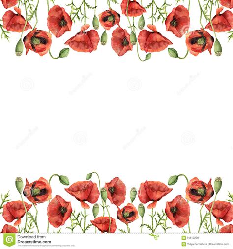 Watercolor Floral Border With Poppies Hand Painted Illustration With