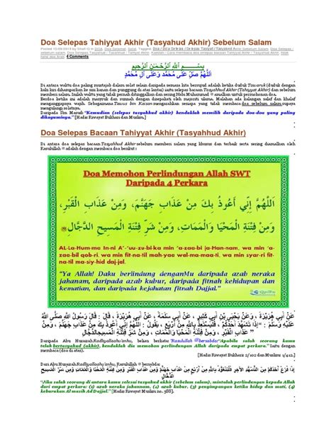 Doa tersebut adalah penggalan ayat surat ali imran ayat 173. Doa Selepas Tahiyat Akhir Sebelum Memberi Salam