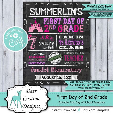 Back To School Sign Editable Template Princess First Day 2nd Grade