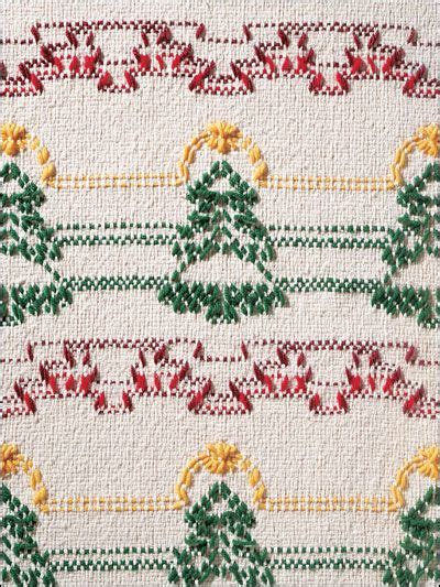 A Cross Stitch Pattern With Christmas Trees On White And Red Fabric As