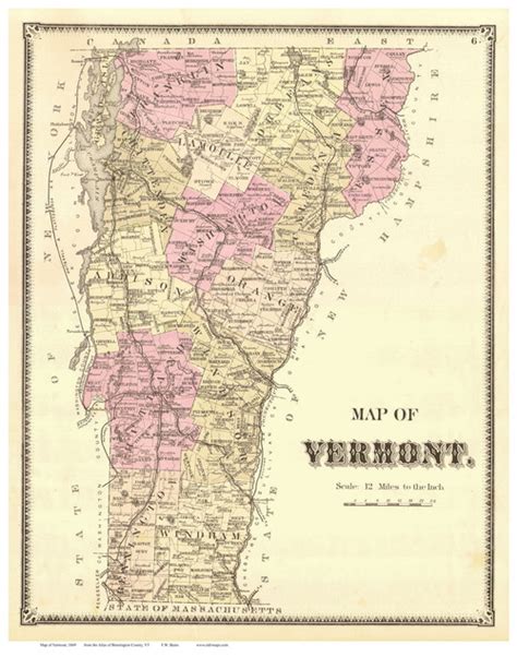 Vermont State Map 1869 From The Bennington Co Beers Atlas Old Map