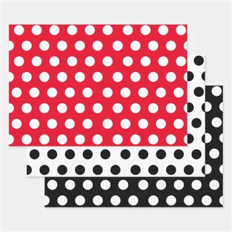 3 Pack Polka Dots On White And Black And Red Wrapping Paper Sheets