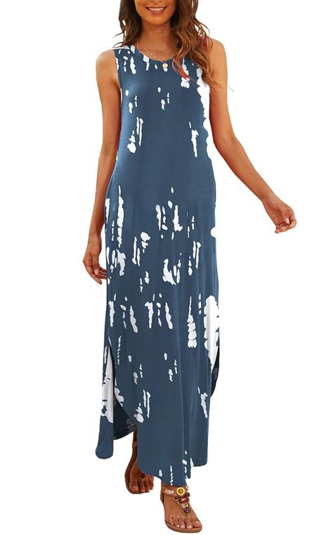 Buy Hount Womens Casual Summer Sleeveless Dress Loose Split Maxi Dresses With Pockets F Blue