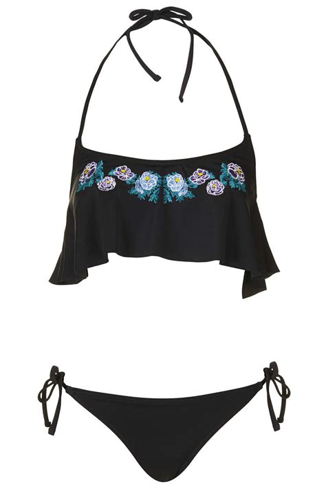 Lyst Topshop Black Embroidered Shelf Bikini In Black