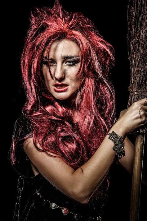 Evil Red Haired Witch And Her Broomstick Stock Image Image Of