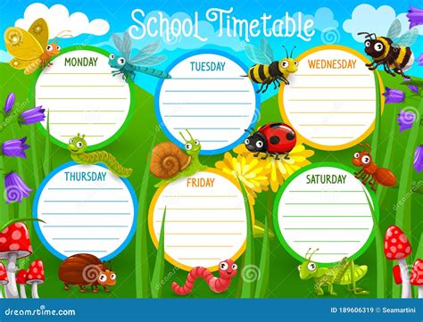 School Timetable Planner With Insects Characters Stock Vector