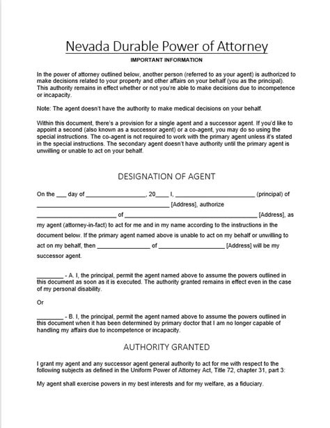 Free Nevada Power Of Attorney Form Templates 10 Types