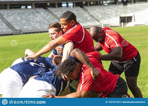 Male Rugby Players Playing Rugby Match In Stadium Stock Image Image