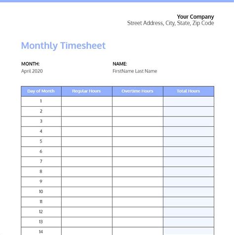 Monthly Timesheet Template Printable Timesheet Templa