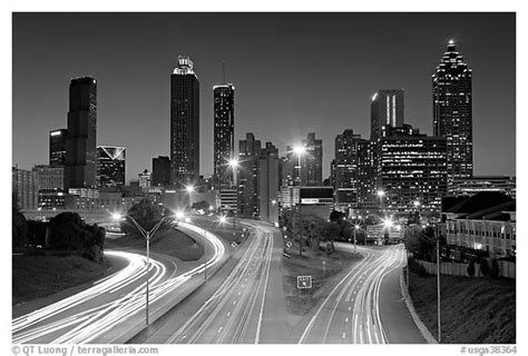 Black And White Picturephoto Atlanta Skyline And Highway At Night