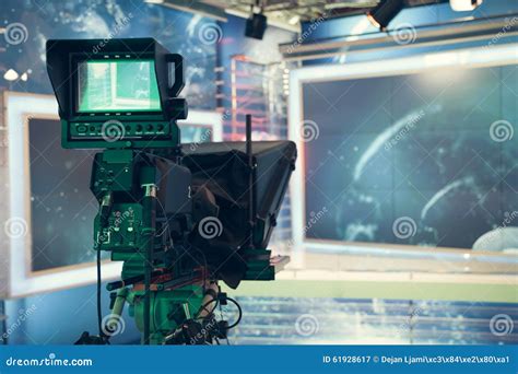 Television Studio With Camera And Lights Recording Tv News Stock