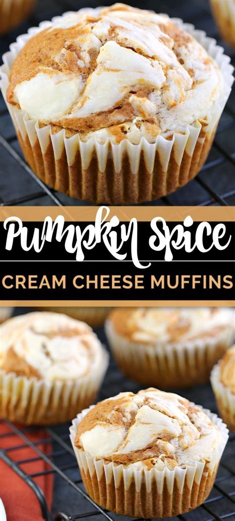 Pumpkin Spice Cream Cheese Muffins On A Cooling Rack With The Title