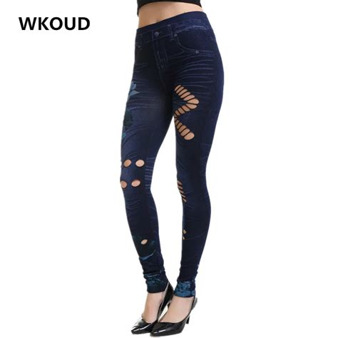 WKOUD Women S Floral Printed Jeans Leggings Fashion Hollow Out Seamless Legging Hole Faux Denim
