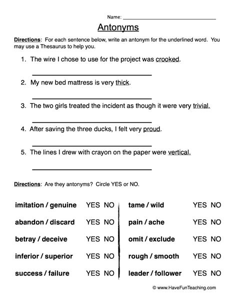 Antonyms Worksheet For Kids