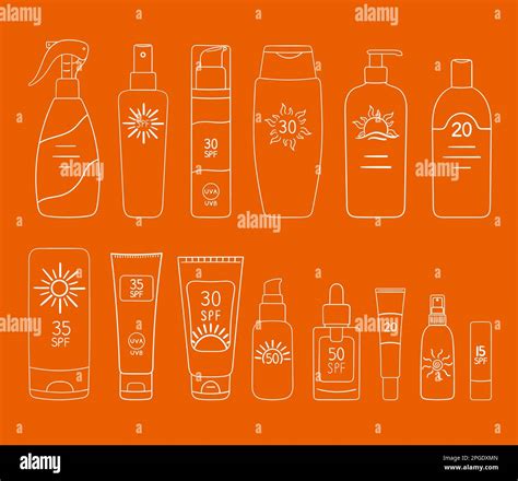 Set of SPF bottles, tubes. Sunscreen protection and sun safety