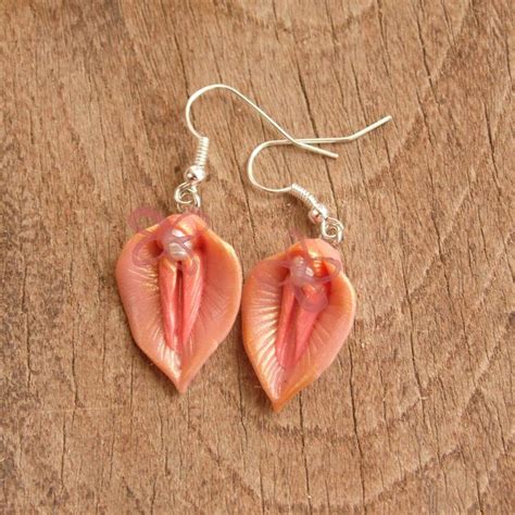 Delicate Pink With A Touch Of Gold Vulva Earrings With Pearl Clitoris