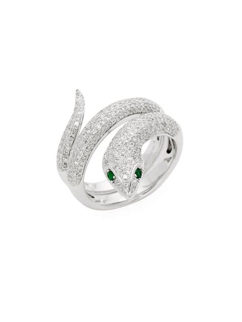 Lyst Effy 14k White Gold Emerald And Diamond Snake Ring In Metallic