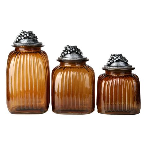 Vintage 70s amber glass brown bubble top apothecary jars kitchen storage midcentury modern mcm belgium airtight 60s canisters mushroom shape. Amber Glass Canister with Grapes Lid - Set of 3 | Glass ...