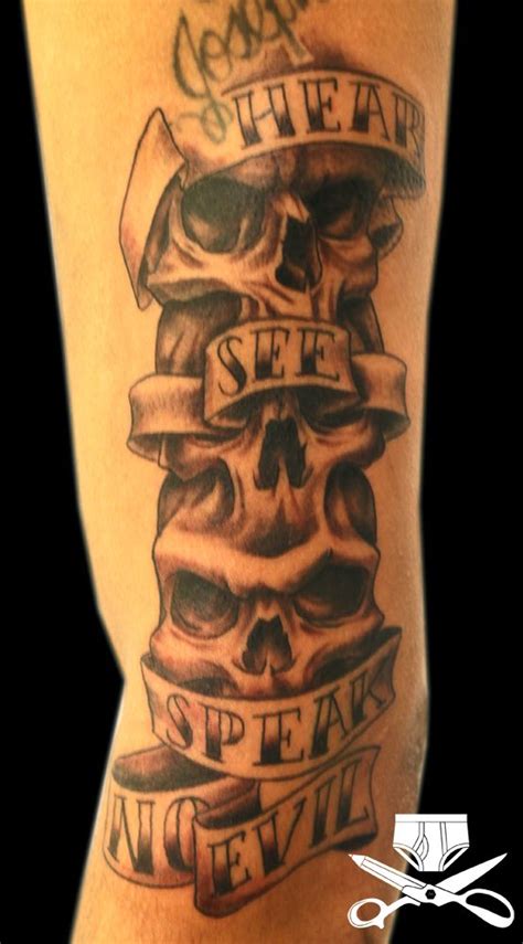 The proverb hear no evil, see no evil, speak no evil has evolved over time and done much the same as a tattoo design idea. Skull tattoo design, Evil tattoo, Tattoo designs