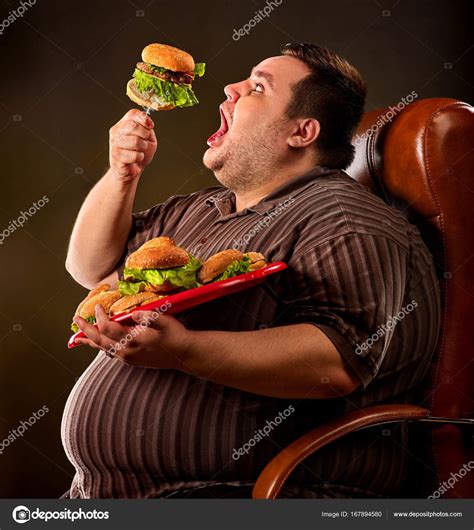 Fat Man Eating Fast Food Hamberger Breakfast For Overweight Person Stock Photo Image By