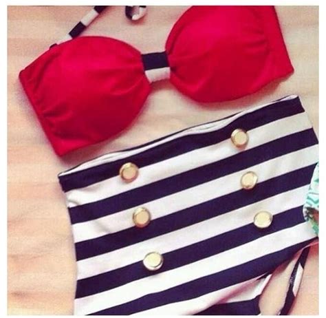 2014 cutest retro high waist bikini set vintage golden button swimsuit stripes pin up swimwear