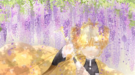 Demon Slayer Zenitsu Agatsuma Under Purple Flowers And Green Leaves Hd
