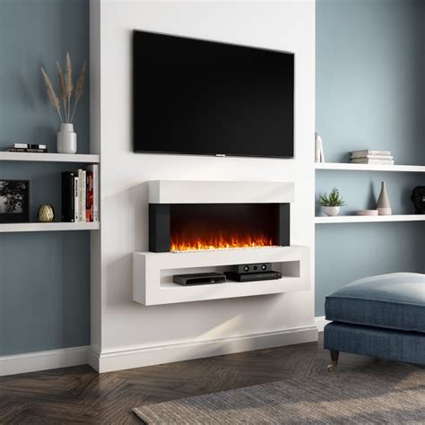 White Wall Mounted Electric Fireplace Suite With Led Storage Shelf
