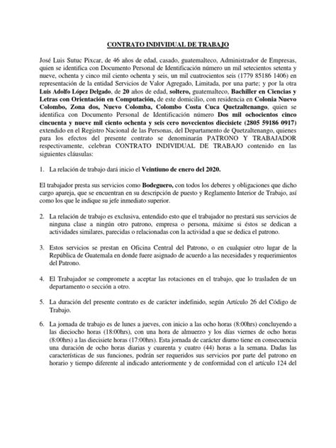 Contrato Individual De Trabajo Pdf Tiempo De Trabajo Guatemala
