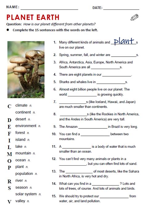 Planet Earth Worksheet Answers