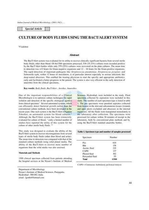 Pdf Culture Of Body Fluids Using Bactalert System