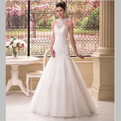Top Quality Mermaid Halter Wedding Dress Floor Length Ivory Tulle Lace