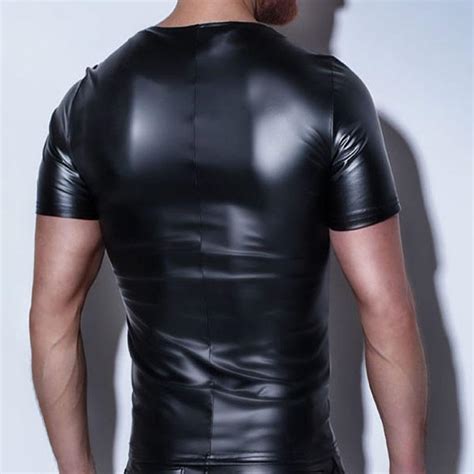 2018 Sexy Erotic Mens T Shirt Patent Faux Leather Undershirts Black