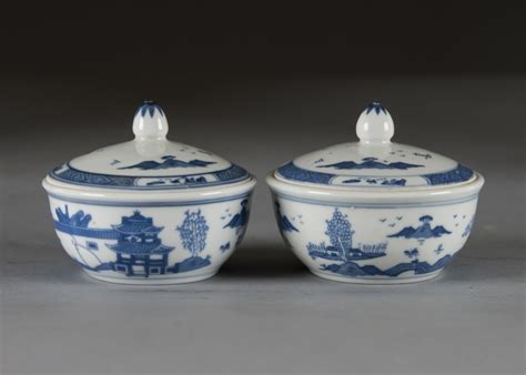 Pair Of Miniature Blue And White Covered Dishes English