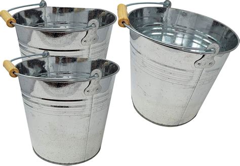 Large 2 Gallon Metal Bucket 3 Pack Pail Tins Silver Wwood Handle For